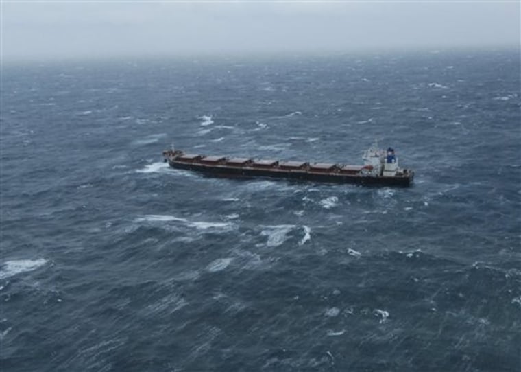 The 738-foot tanker Golden Seas, seen here in an image provided by the U.S. Coast Guard, was making slow progress through 20-foot seas north of Adak Island Alaska Friday.